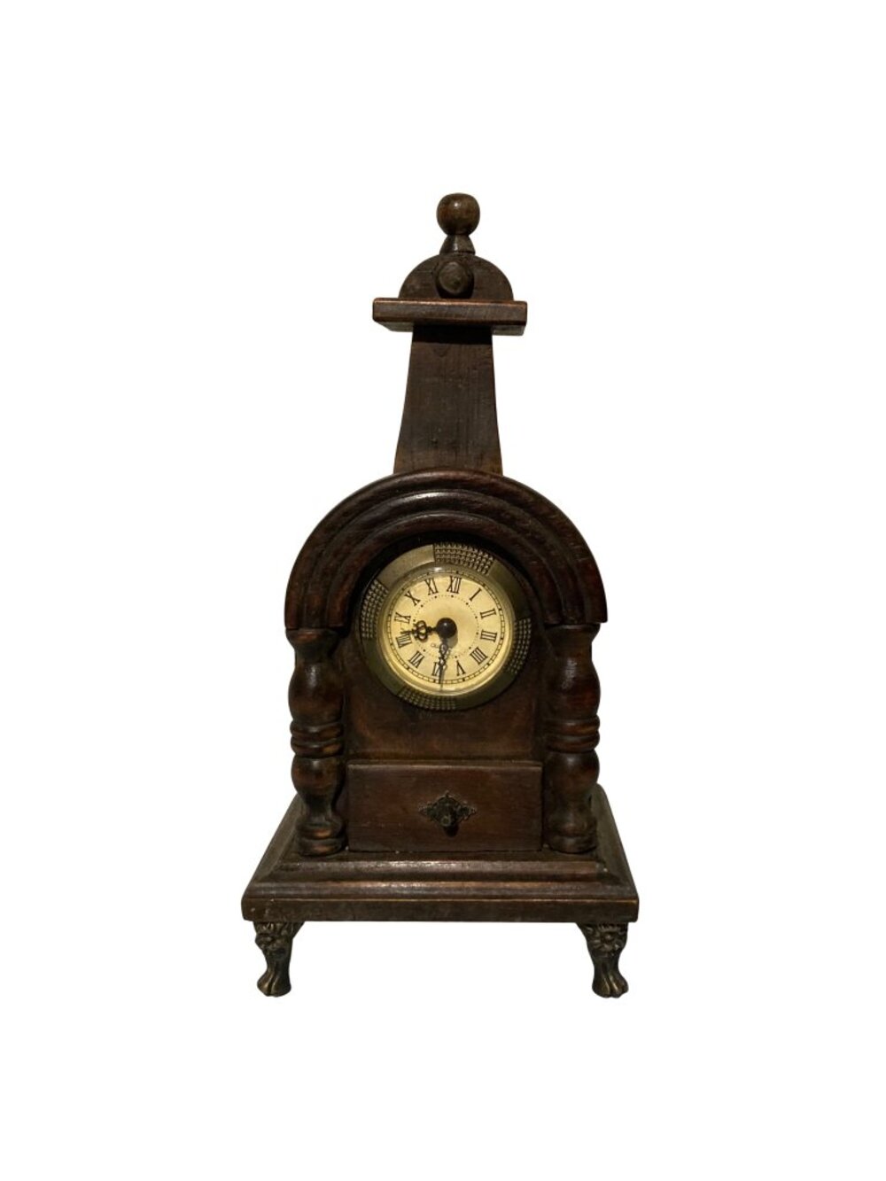Old Wood Mantel Clock Roman Numeral Dial With Metal Dragon Feet